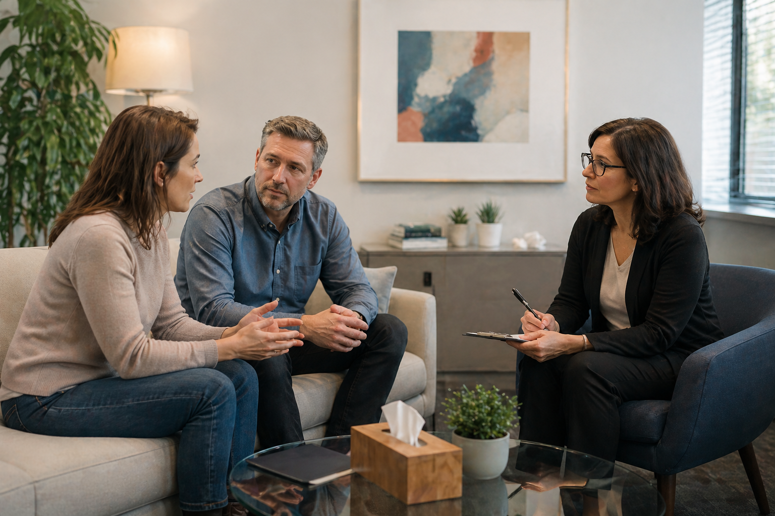 A family sitting together and talking in a calm way, with a mediator supporting the conversation